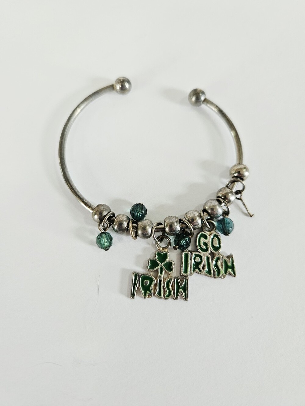 Vintage Y2K Silver Tone Green Enamel Go Irish Beaded Crystal Charm Cuff Bracelet